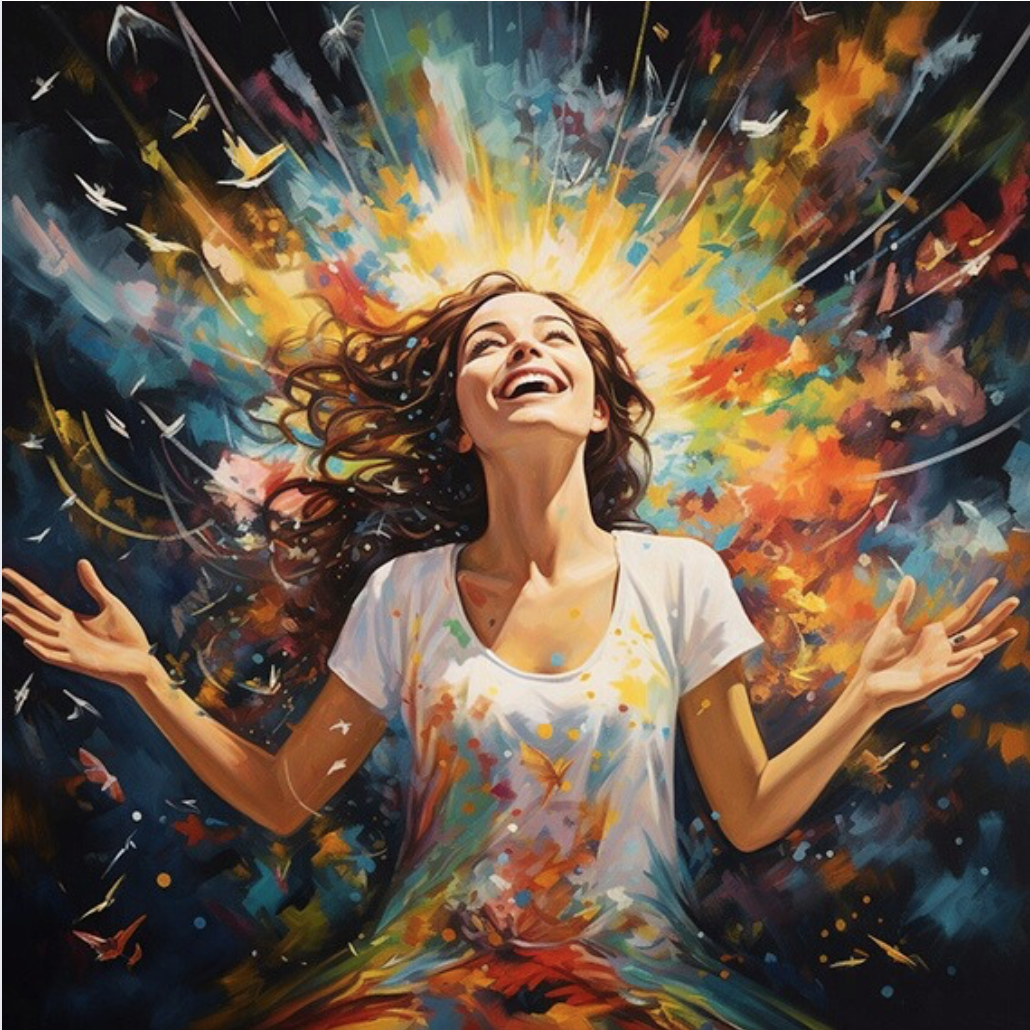 Joyful woman surrounded by colorful light and energy, symbolizing personal growth and positivity