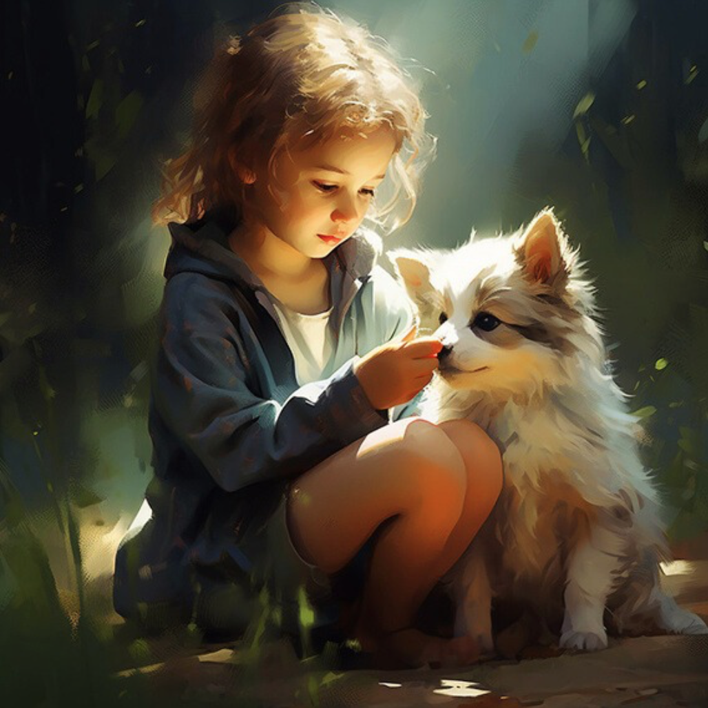 Little girl gently petting a fluffy dog in warm sunlight, symbolizing emotional connection, presence, and joy