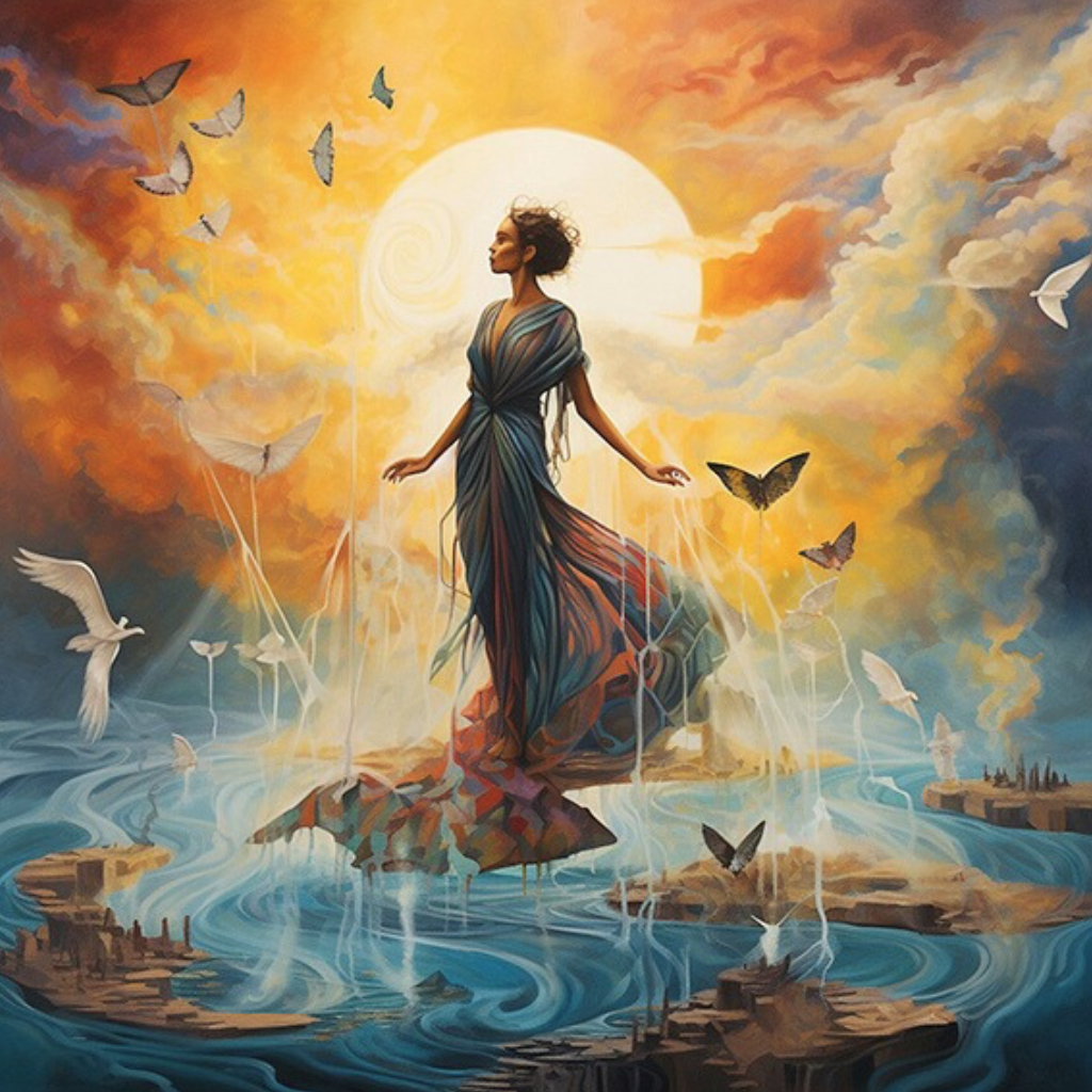 Symbolic painting of a woman standing on floating islands, surrounded by birds and golden sky, representing emotional healing and transformation