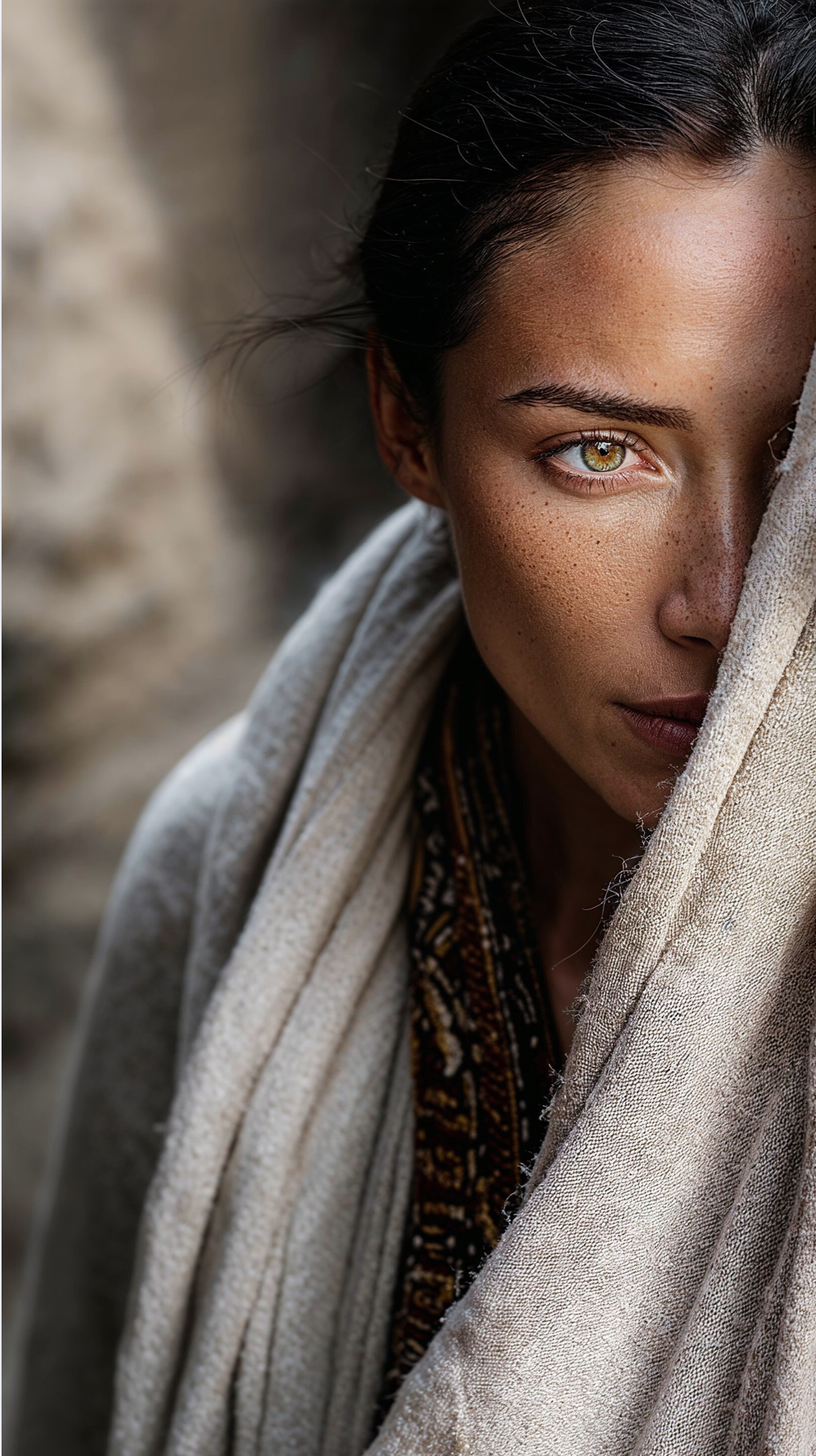 Portrait of a soulful woman wrapped in a natural linen shawl, one eye visible, symbolizing inner strength, healing, and transformation.